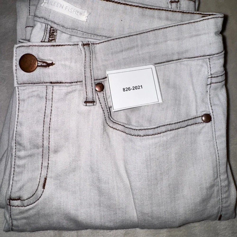 Eileen Fisher Womens Light Wash Straight Leg Contrast Stitch Jeans White Grey